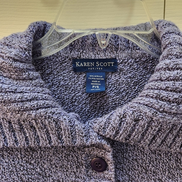 Karen Scott Women's Petite S Purple/Blue Heathered Sweater 4 Buttons Wide Collar - Picture 2 of 9